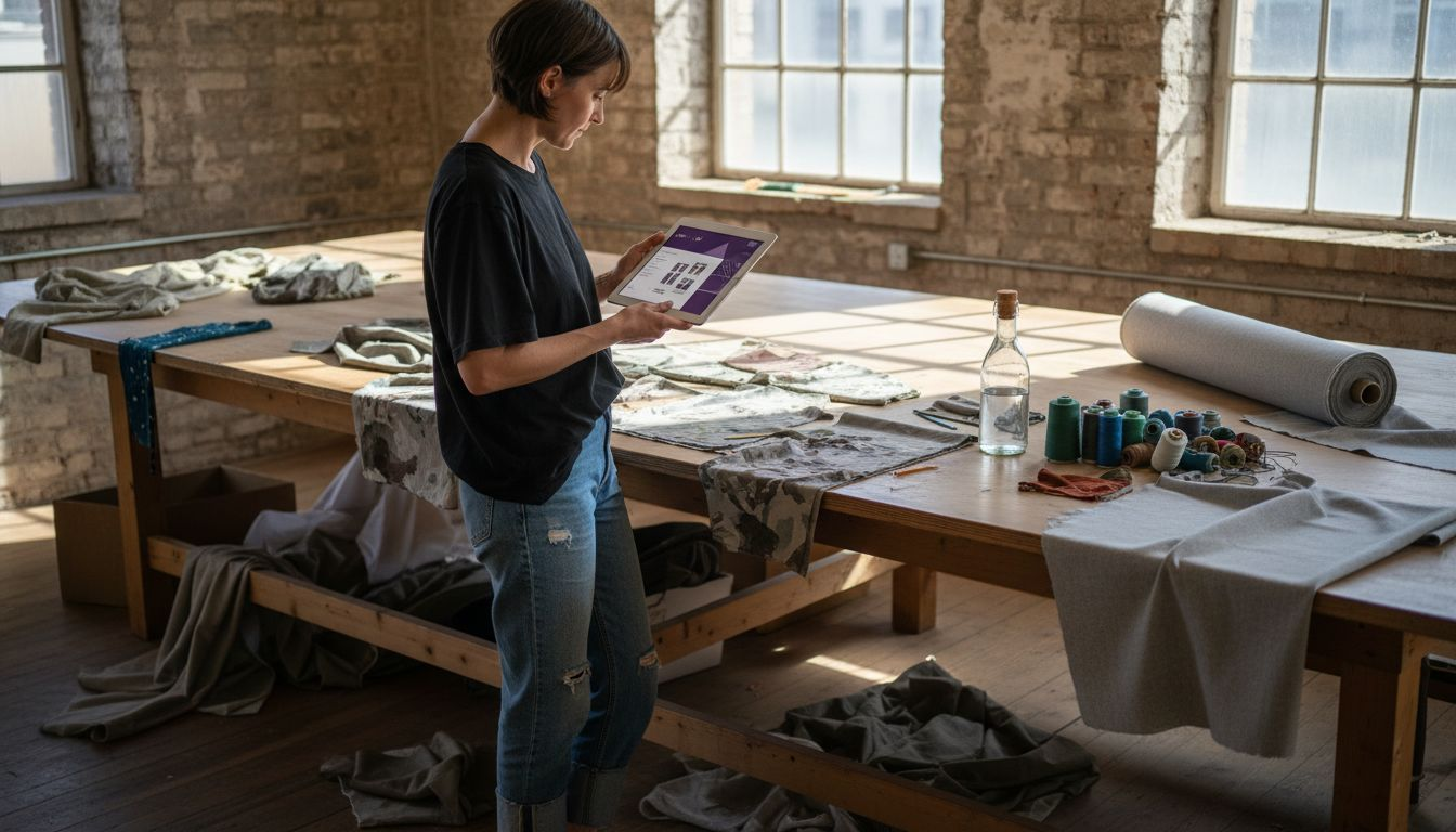 Ein Designer begutachtet umweltfreundliche Stoffmuster für die Flugzeugkabine.