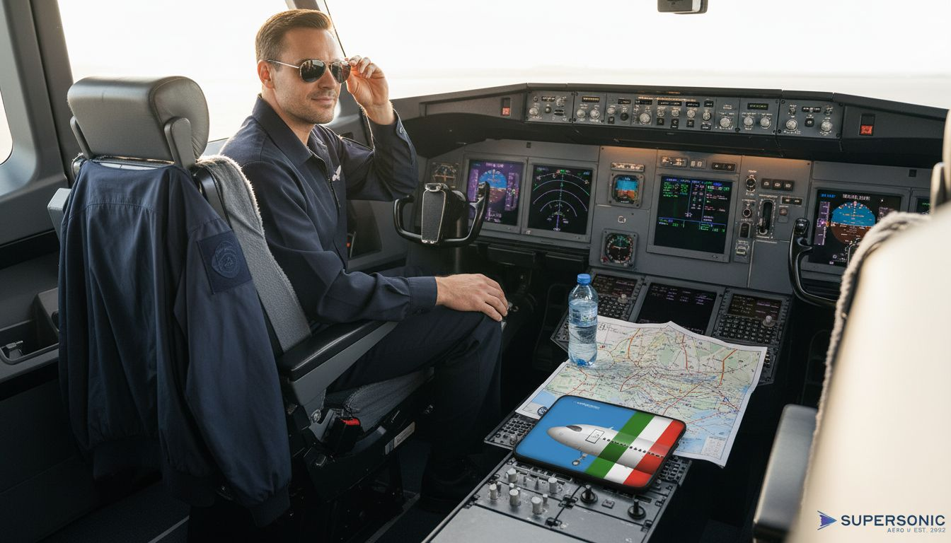 Ein Pilot sitzt im modernen Cockpit und richtet lässig seine Sonnenbrille.