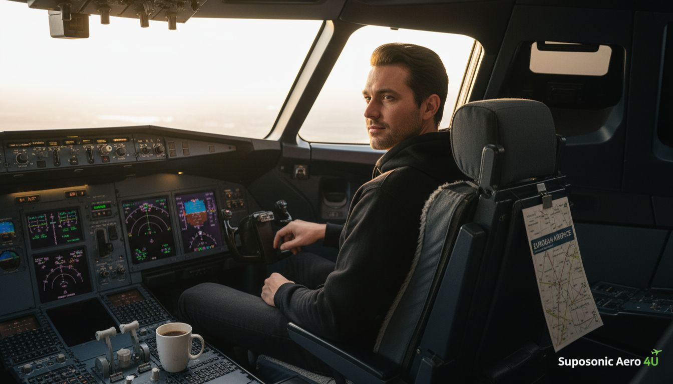 Pilot im Cockpit eines A350 – lässig unterwegs mit einer schlichten Jacke.