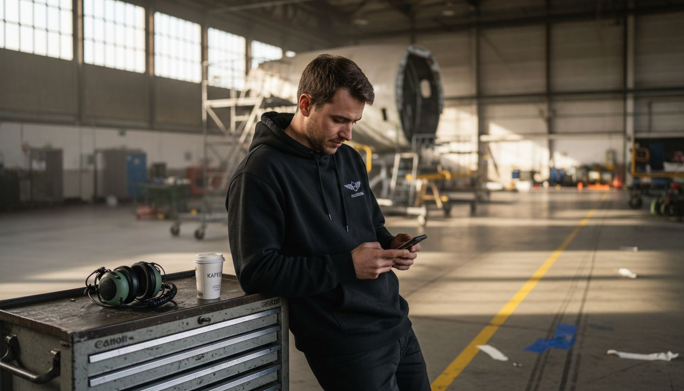 Ein Mann im schwarzen Kapuzenpullover steht in einem Flugzeughangar.