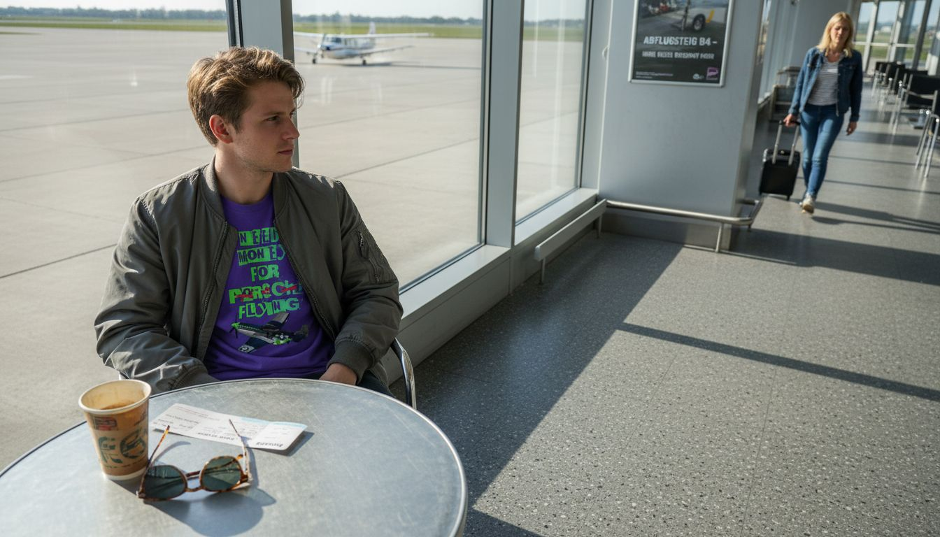 Ein Mann mit Bomberjacke auf dem Flughafengelände – typischer Streetwear-Look, wie man ihn aus der urbanen Szene kennt.