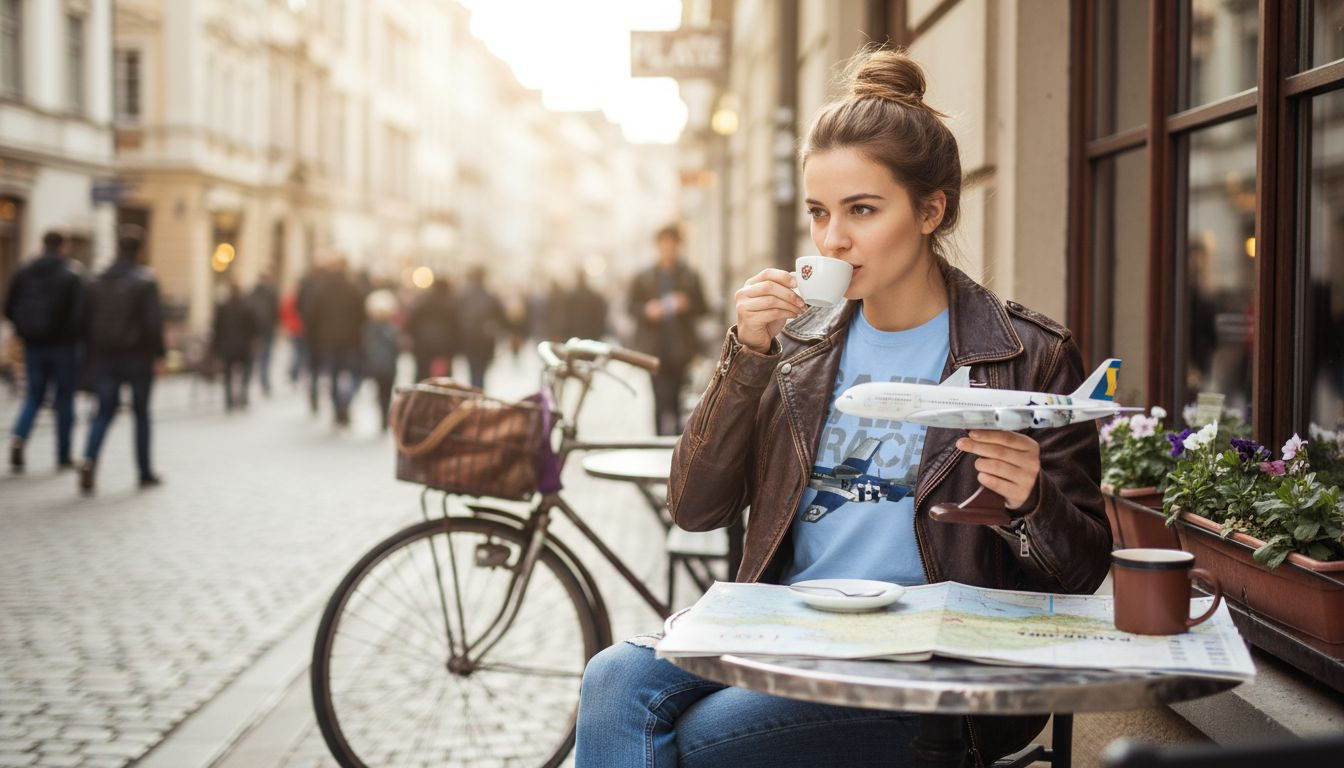 Eine Frau im Fliegerjacke genießt ihren Kaffee in einem angesagten Café mitten in der Stadt.