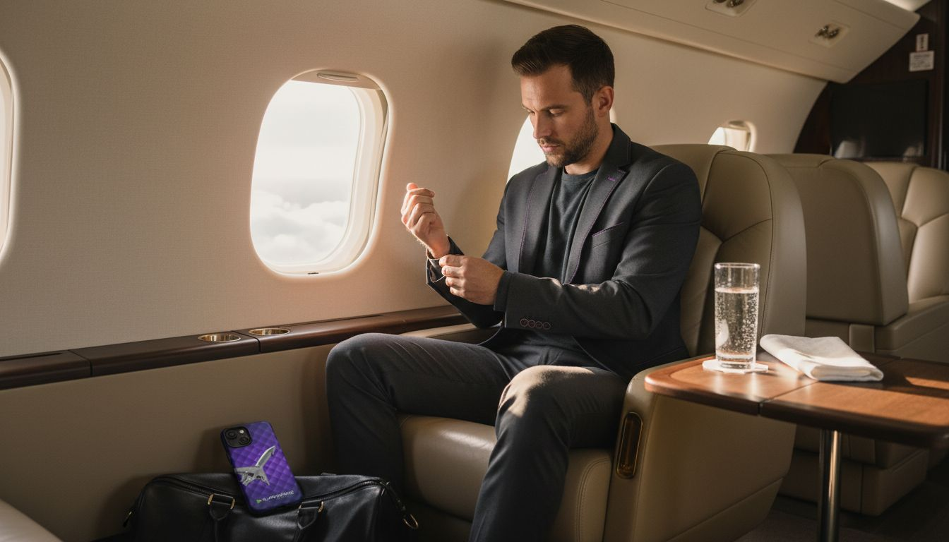 Ein stilvoll gekleideter Manager entspannt sich in der puristisch eingerichteten Kabine seines Privatjets.