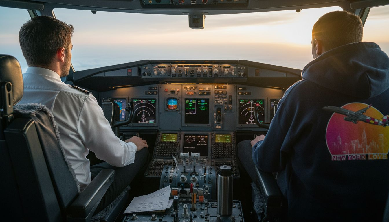 Ein Pilot sitzt entspannt im Cockpit, das in beruhigendes, sanftes Licht getaucht ist.