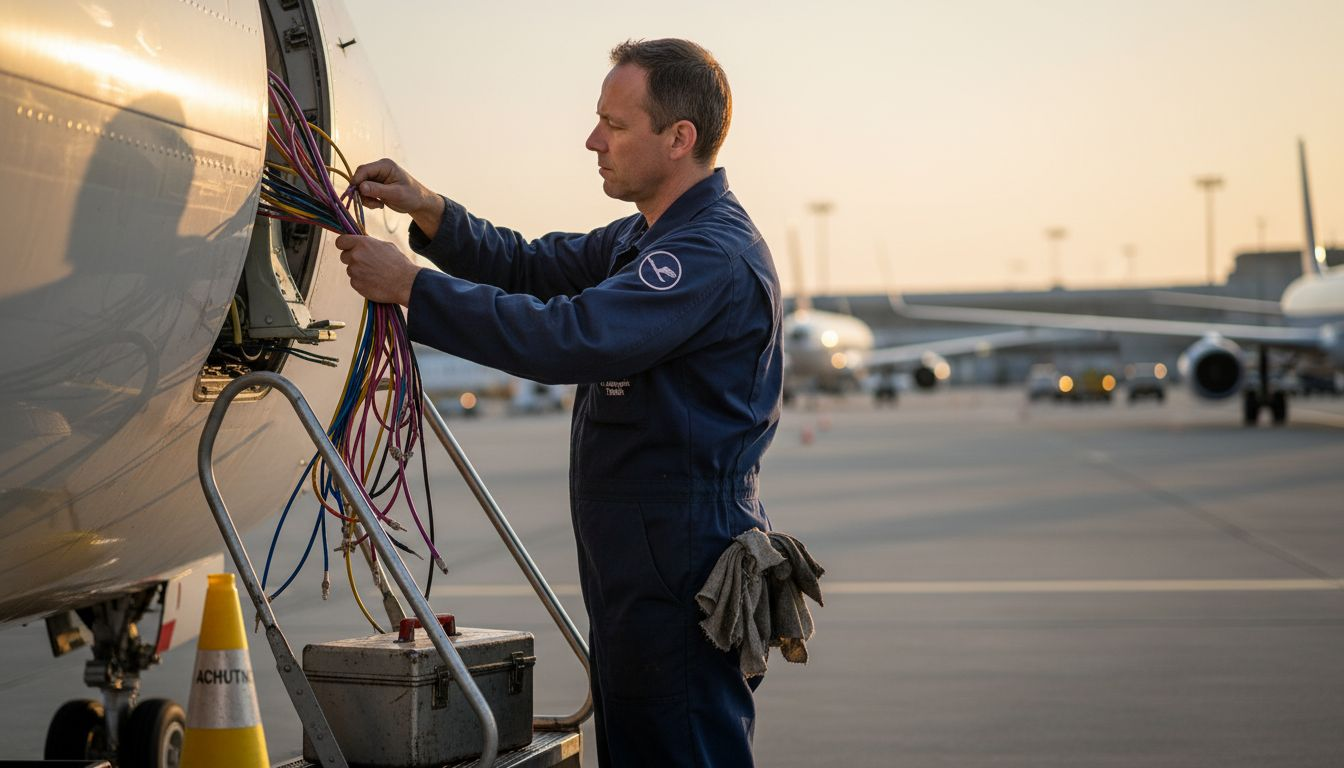 Ein Techniker überprüft bei Sonnenaufgang die Lackierung eines Flugzeugs.