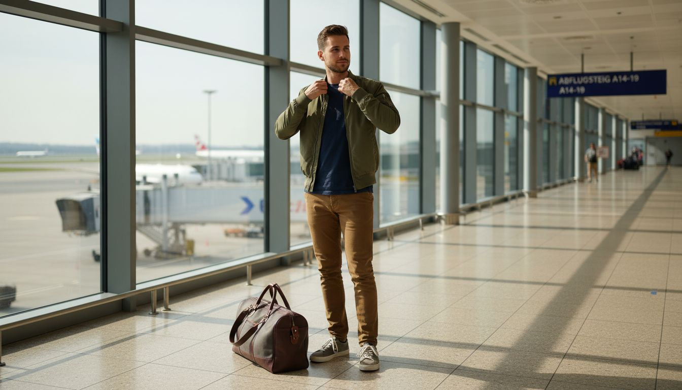 Ein junger Mann mit cooler Pilotenbrille wartet am Flughafen.