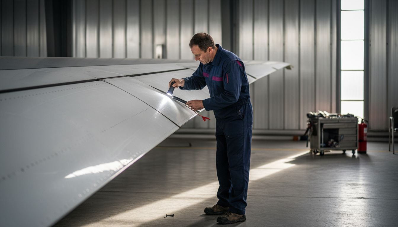 Ein Techniker überprüft am Boden die Tragfläche eines A350.