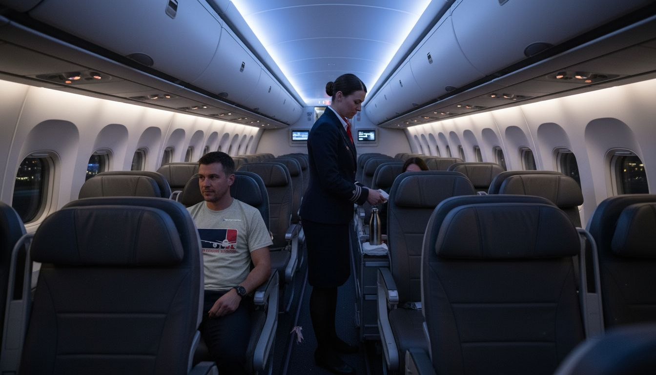 Eine Flugbegleiterin in der stimmungsvoll beleuchteten Kabine eines Dreamliners.