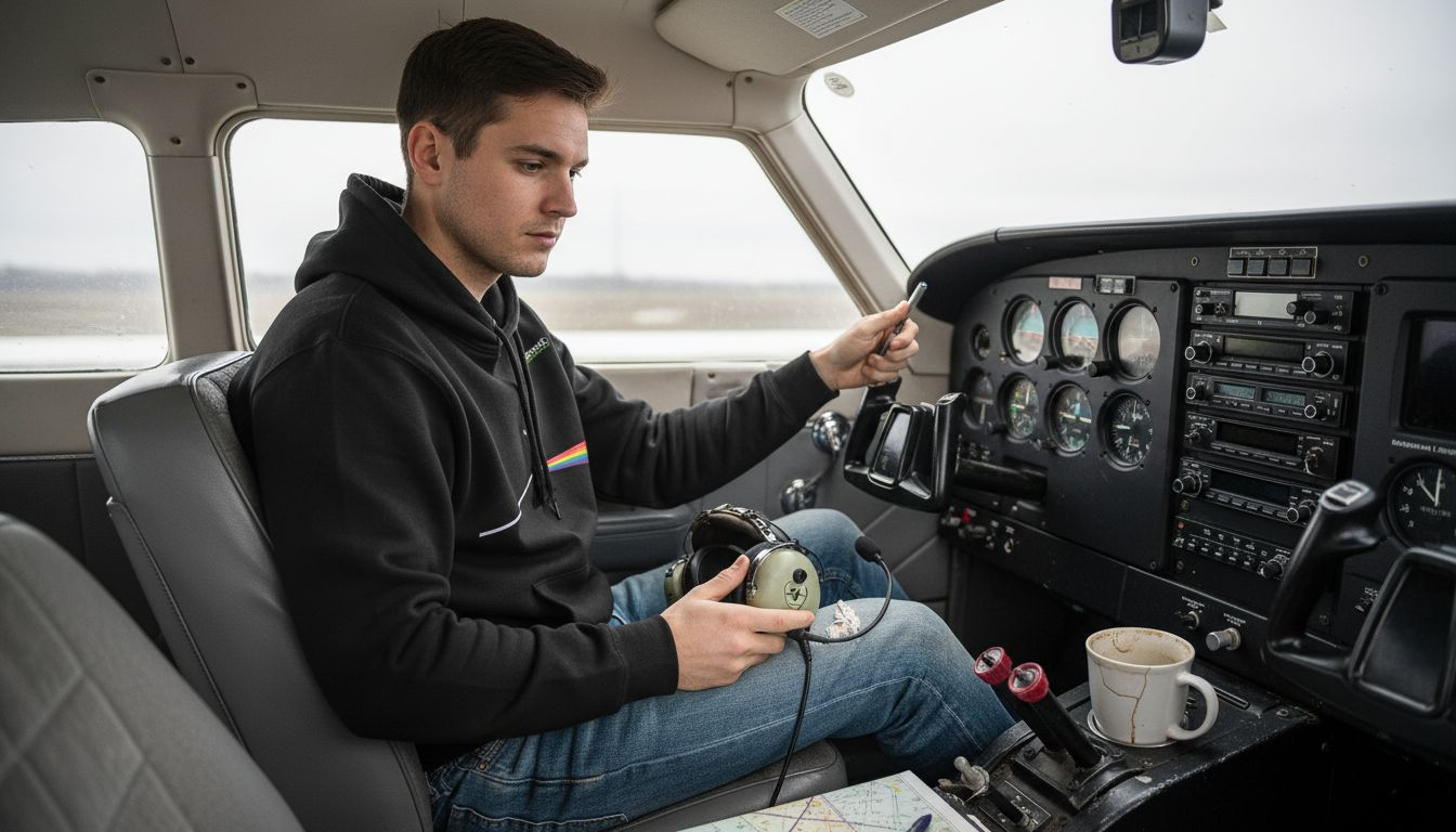 Ein Pilot sitzt im Cockpit und trägt dabei einen lässigen Aviator-Hoodie.
