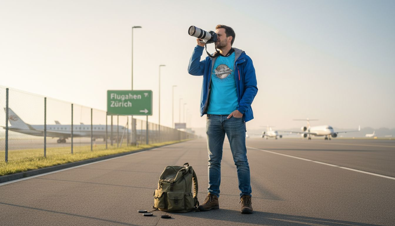 Ein Flugzeugfan fotografiert Geschäftsreiseflugzeuge am Flughafen.