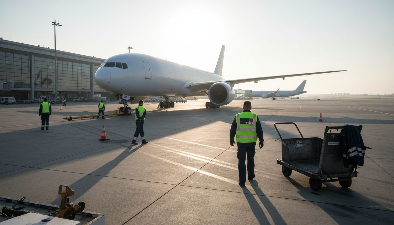 Eine Boeing 777X mit eingeklappten Flügelspitzen steht auf dem Vorfeld.