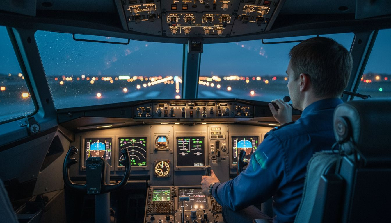 Ein Pilot steuert sein Flugzeug in der Dunkelheit sicher zur Landung, während die beleuchtete Landebahn den Weg weist.