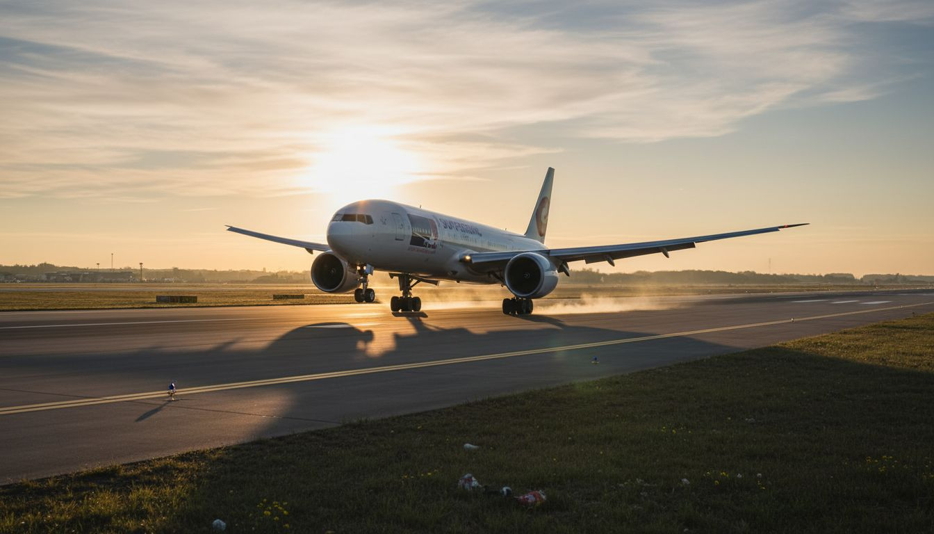 Eine Boeing 777 setzt bei Sonnenaufgang zur Landung an – der Flieger gleitet durch das goldene Morgenlicht und berührt sanft die Landebahn.