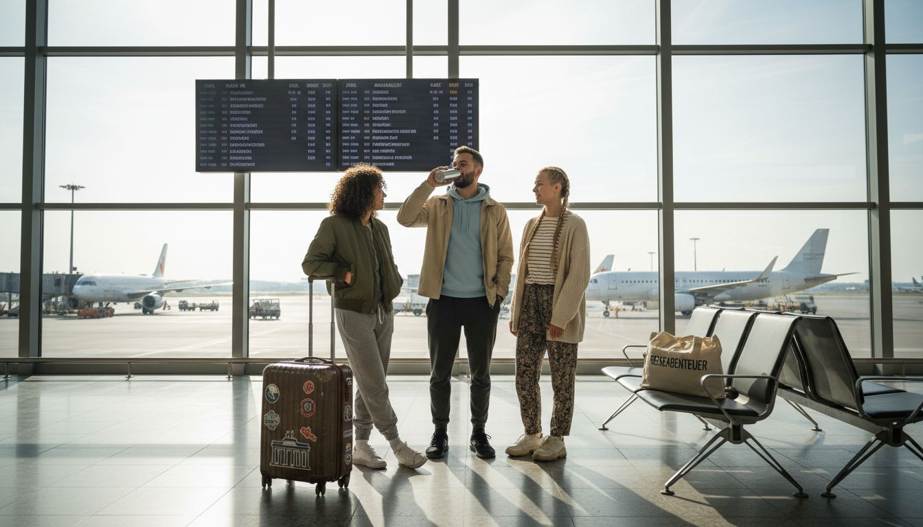Drei Freunde lehnen entspannt am Fenster des Flughafens und genießen die lockere Atmosphäre vor dem Abflug.