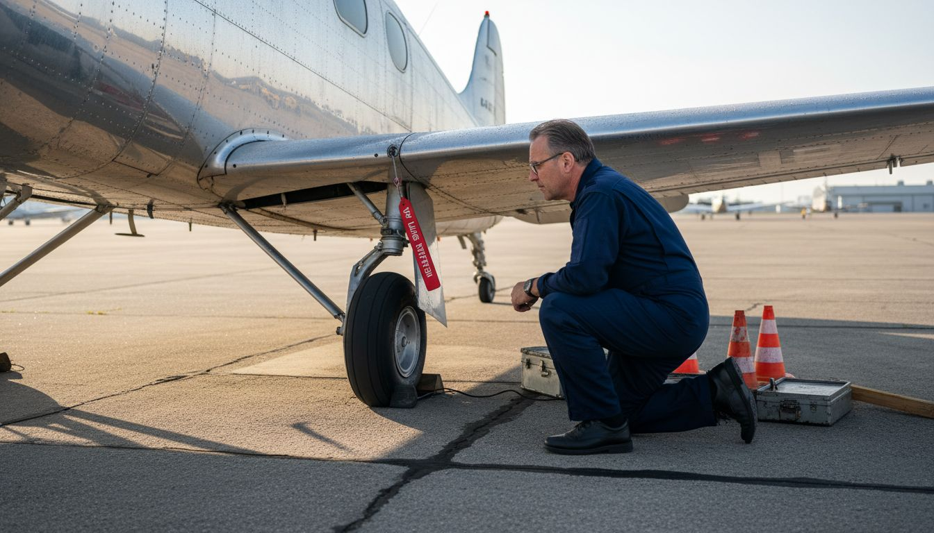 Ein Pilot wirft einen prüfenden Blick auf das Fahrwerk eines historischen Flugzeugs.