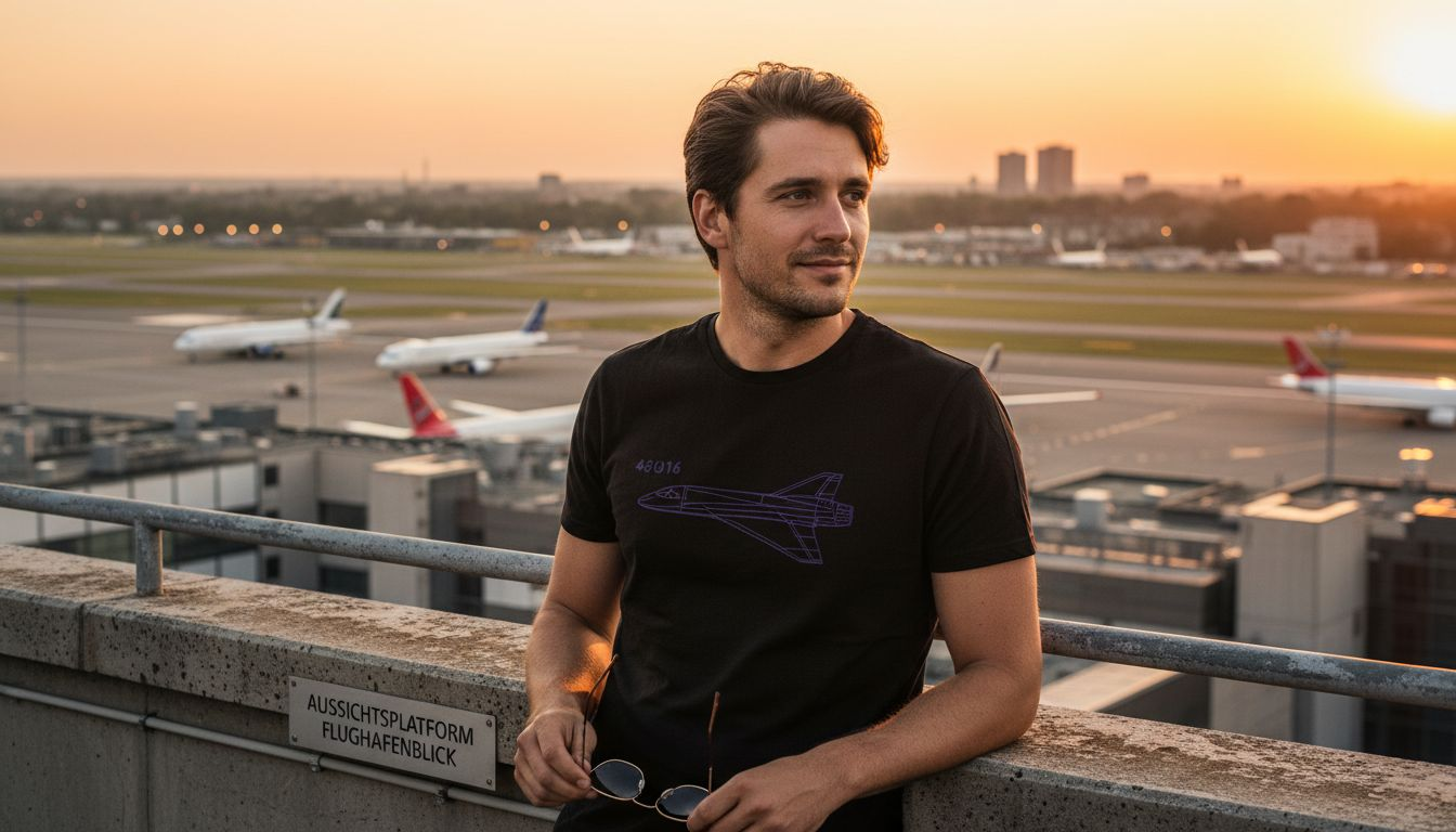 Ein Mann steht auf einem Hochhausdach und trägt ein T-Shirt mit einem Flugzeugmotiv.
