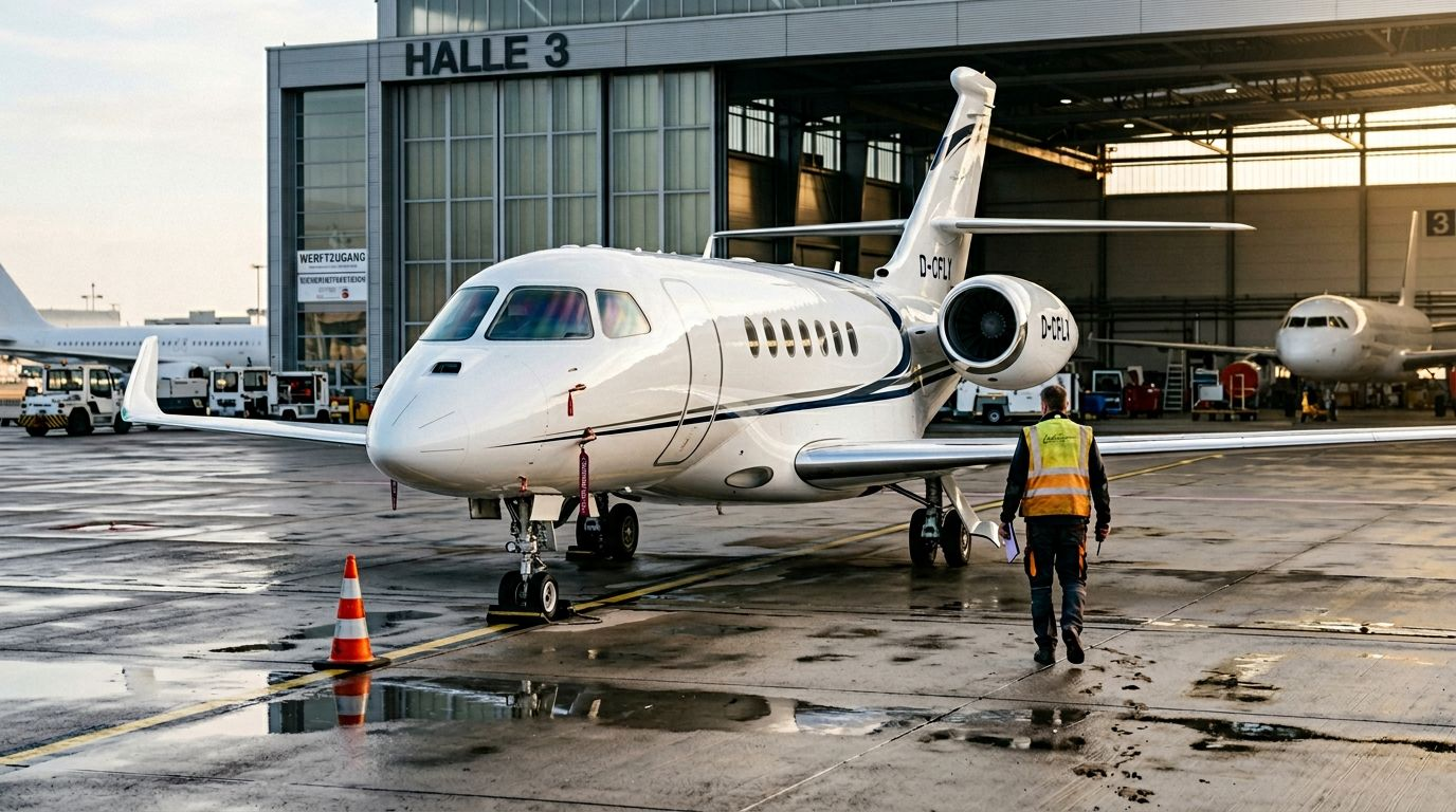 Ein Falcon 10X steht in den frühen Morgenstunden auf dem Rollfeld – die ersten Sonnenstrahlen spiegeln sich auf dem eleganten Jet.