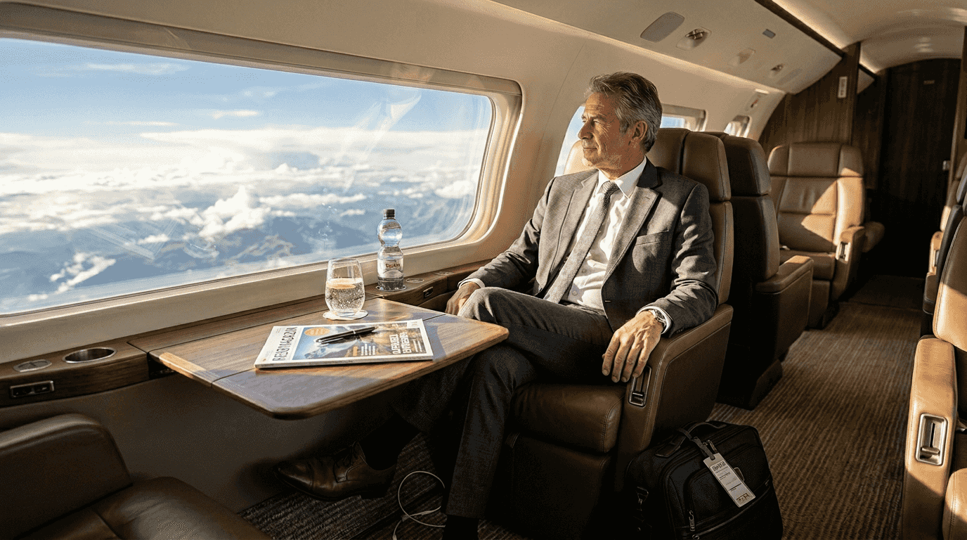 Ein Pilot genießt die entspannte Atmosphäre in der großzügigen Luxus-Kabine der Falcon 10X.