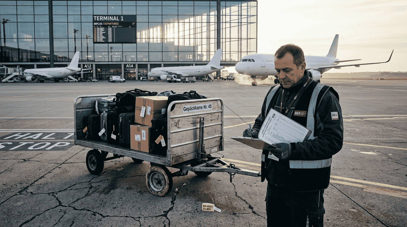 Ein Mitarbeiter am Flughafen prüft die Frachtpapiere.