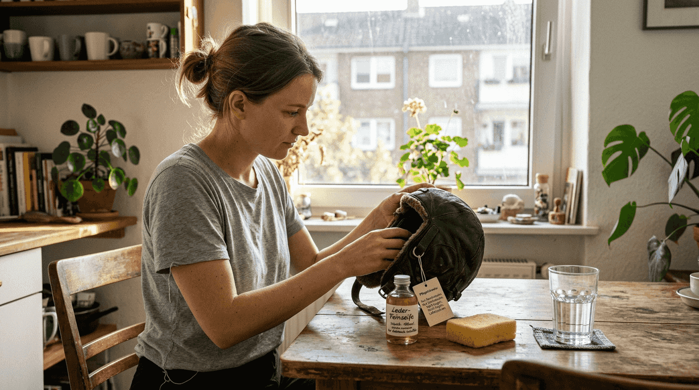 Eine Frau bereitet ihre Fliegermütze sorgfältig auf die Reinigung vor.