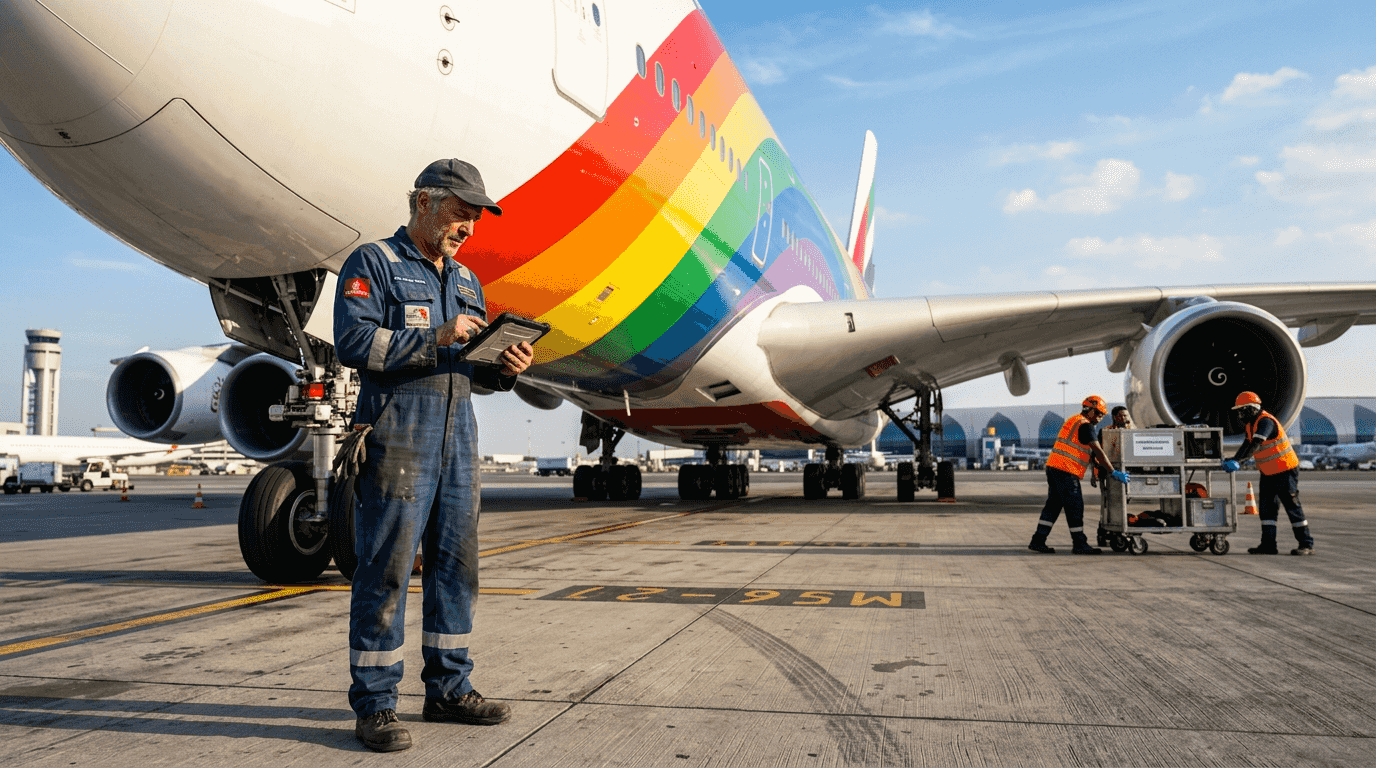 Ein Airbus A380 im auffälligen Regenbogen-Design steht auf dem Rollfeld des Flughafens.