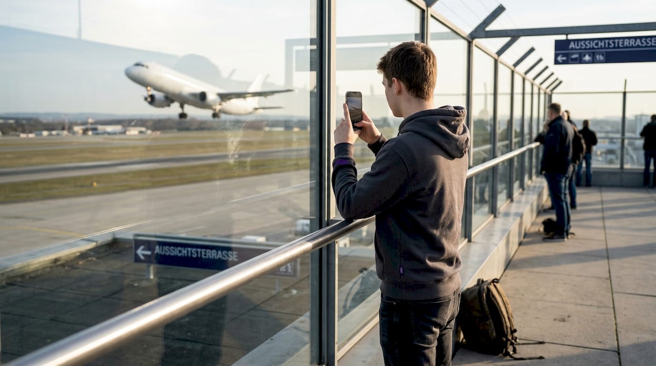 Ein Flugzeug-Fan, der gerade erst mit dem Spotten beginnt, fotografiert eine startende Maschine.