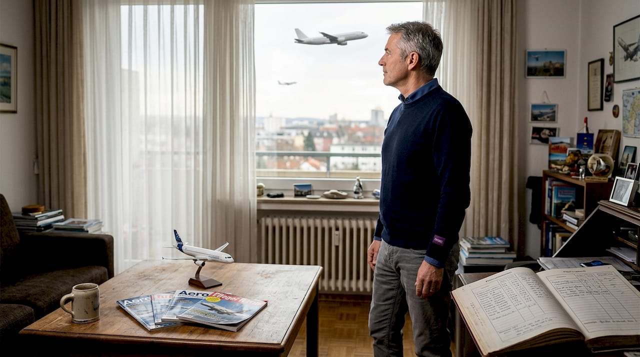 Ein Pilot genießt den Blick auf die Stadt, während typische Utensilien aus der Fliegerei im Cockpit zu sehen sind.