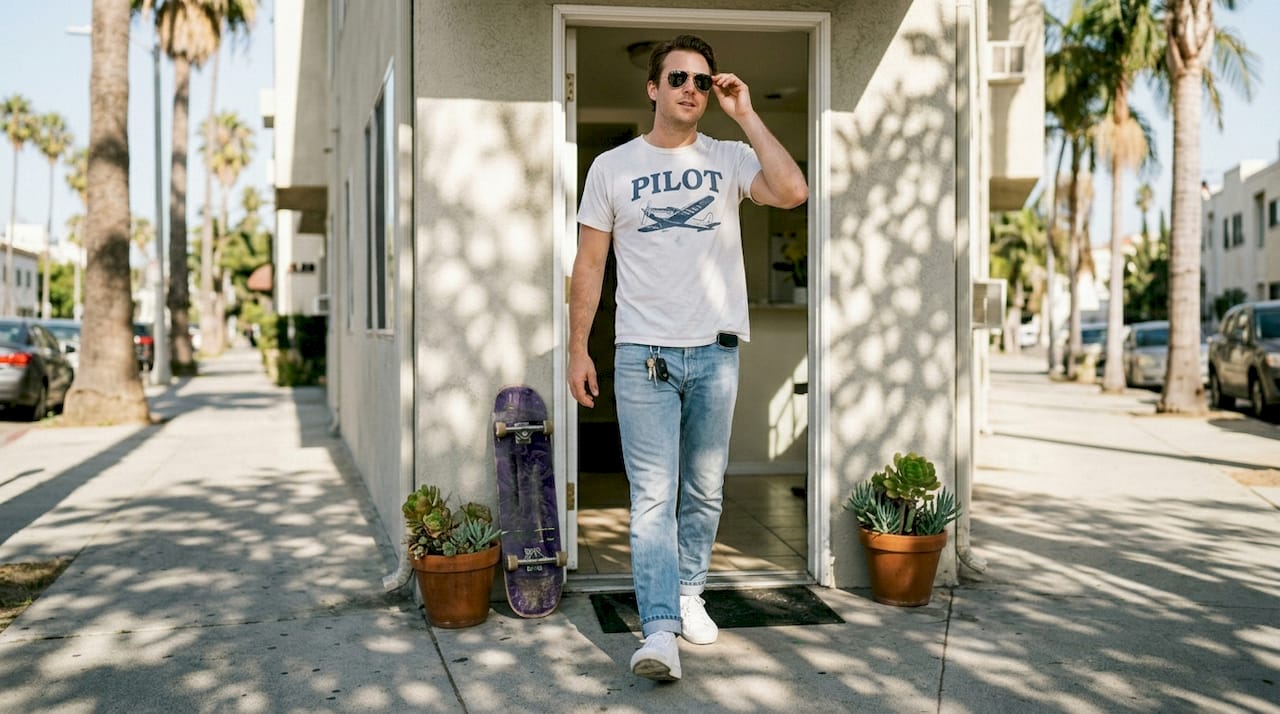 Ein Mann in sommerlicher Fliegerkleidung steht vor einem Apartmenthaus in Los Angeles.