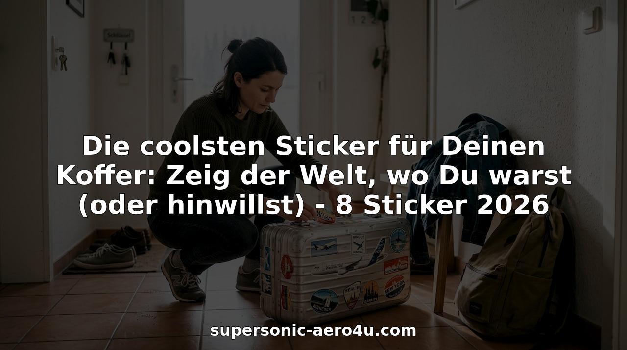 Im Flur beklebt eine Frau ihren Koffer mit Flugzeugstickern.