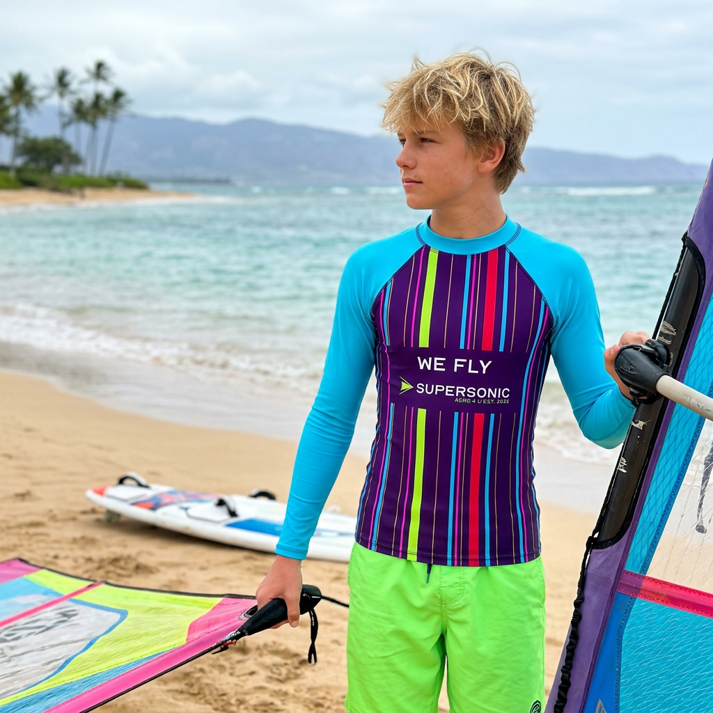 Lycra UV Shirt für Kinder, Schwimmshirt für Kinder, Flugzeug Schwimmshirt, Rashguard Kinder, Wassersport Shirt Kinder, Beachwear Kinder, Aviation Fashion, Supersonic Aero 4U