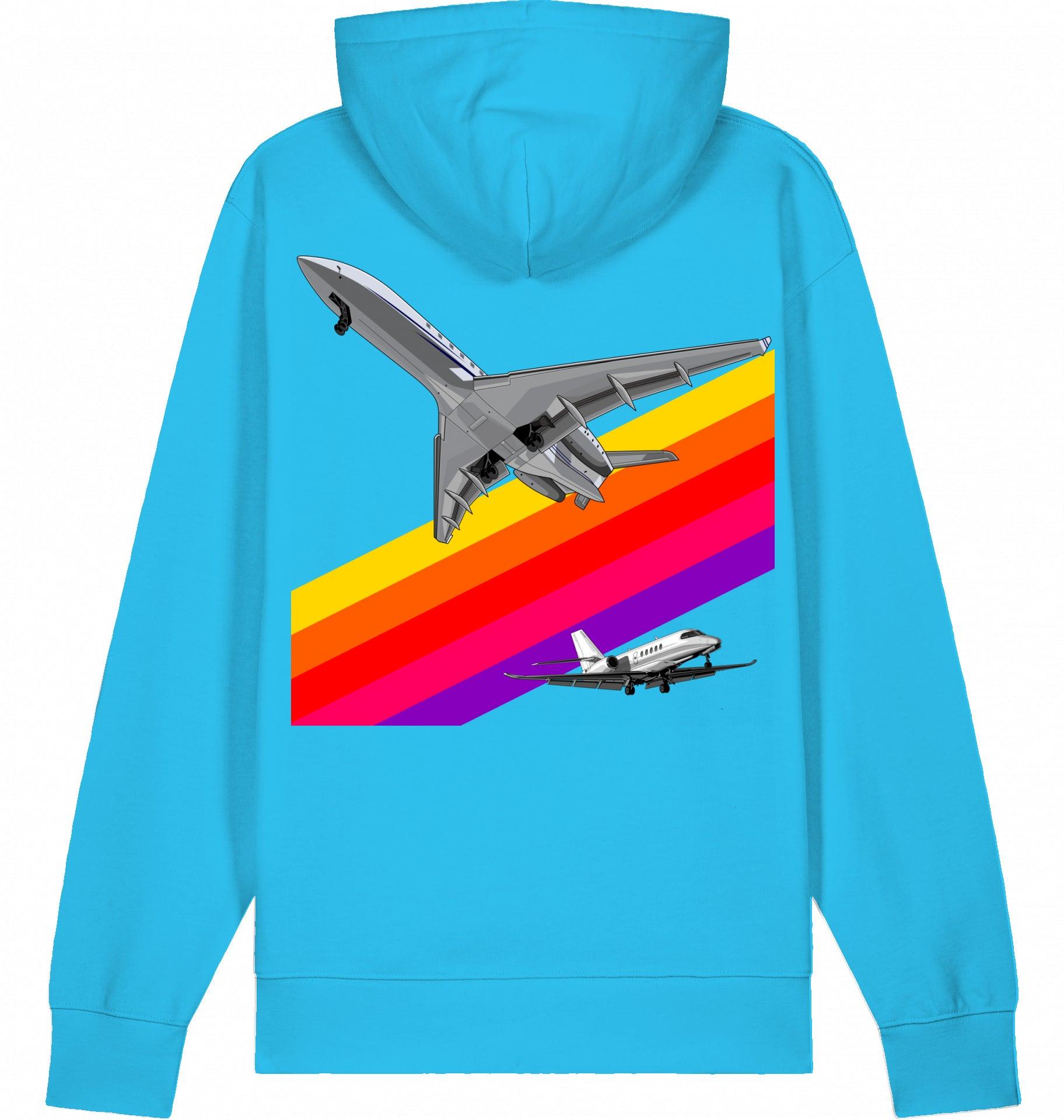 Aviation Flugzeug Hoodie im VHS Rainbow Design der 80er Aqua Blue für Piloten, Crews, Kinder & Planespotter made by SUPERSONIC aero 4U