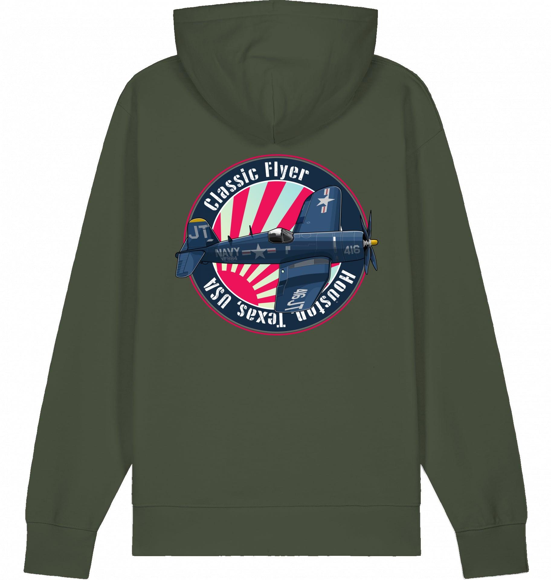 Aviation Flugzeug Hoodie "Classic Flyer Corsair Vought F4U" Khaki für Piloten, Crews, Kinder & Planespotter made by SUPERSONIC aero 4U