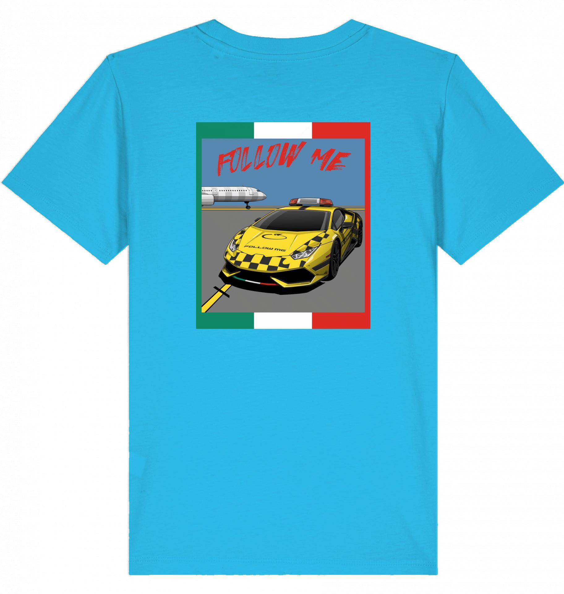 Aviation Kids Aviation T-Shirt "Follow Me Supercar" Flughafen 2.0 Aqua Blue für Piloten, Crews, Kinder & Planespotter made by SUPERSONIC aero 4U