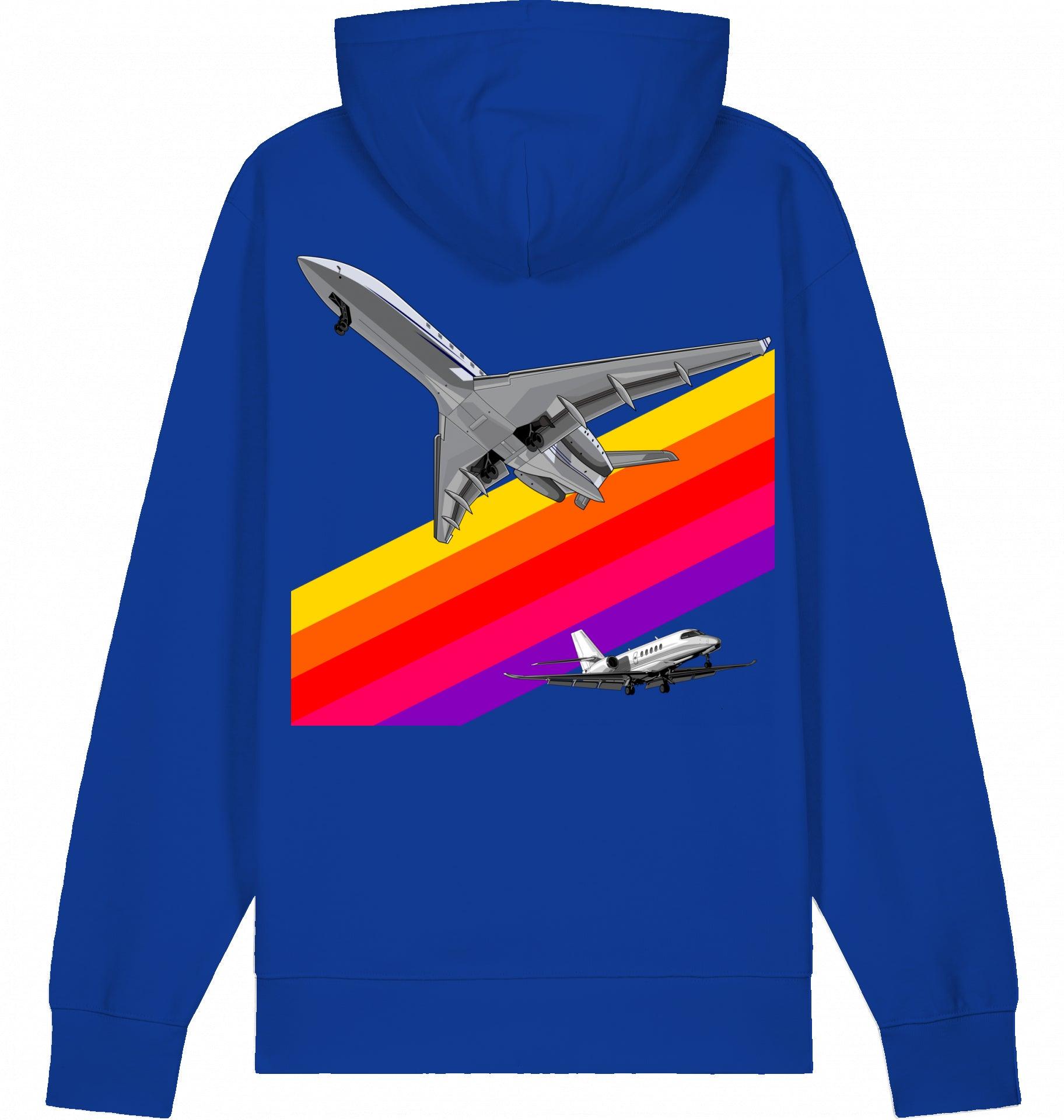 Aviation Flugzeug Hoodie im VHS Rainbow Design der 80er Worker Blue für Piloten, Crews, Kinder & Planespotter made by SUPERSONIC aero 4U