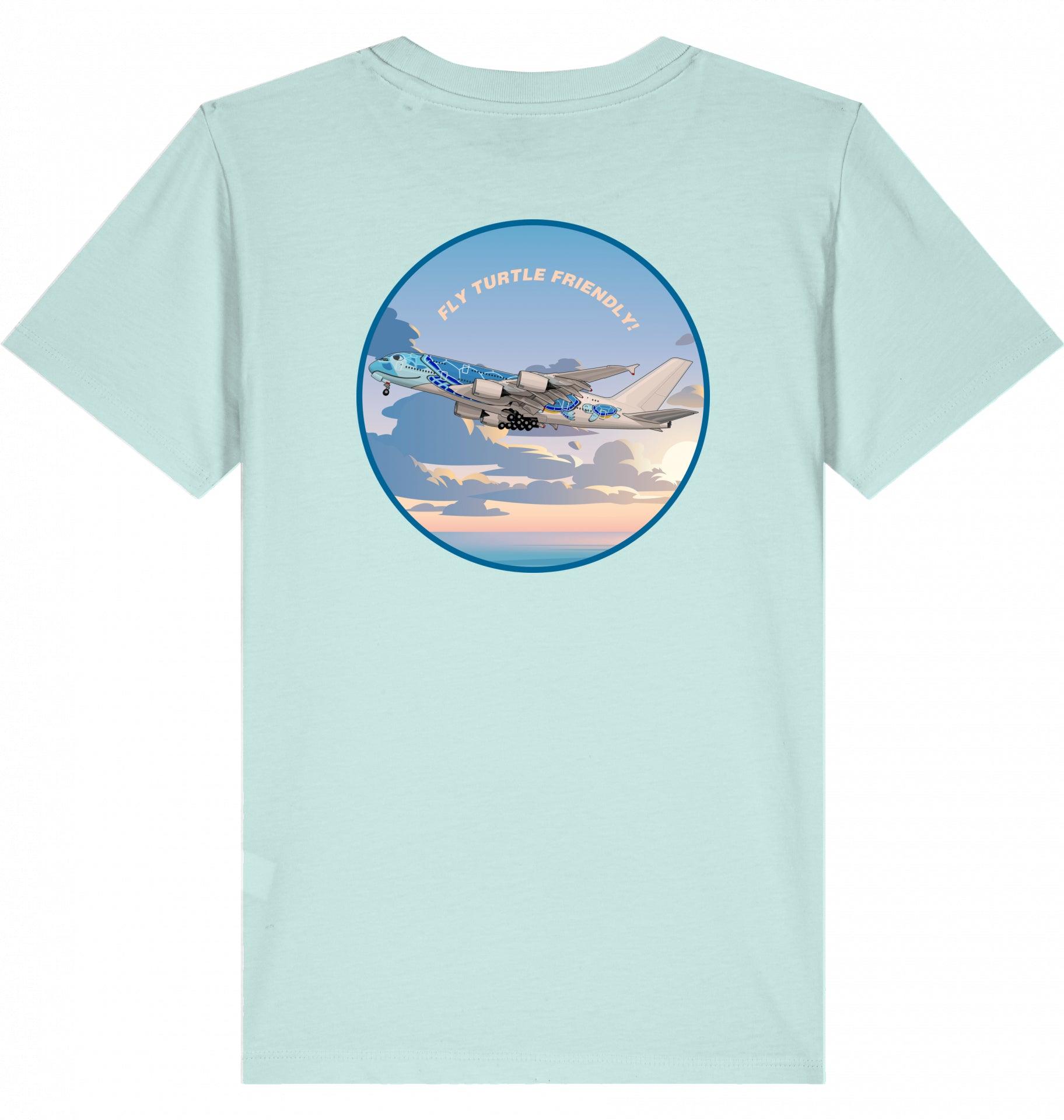 Aviation Kids Aviation T-Shirt Airbus A380 Flugzeug "Fly Turtle friendly" 2.0 Caribbean Blue für Piloten, Crews, Kinder & Planespotter made by SUPERSONIC aero 4U