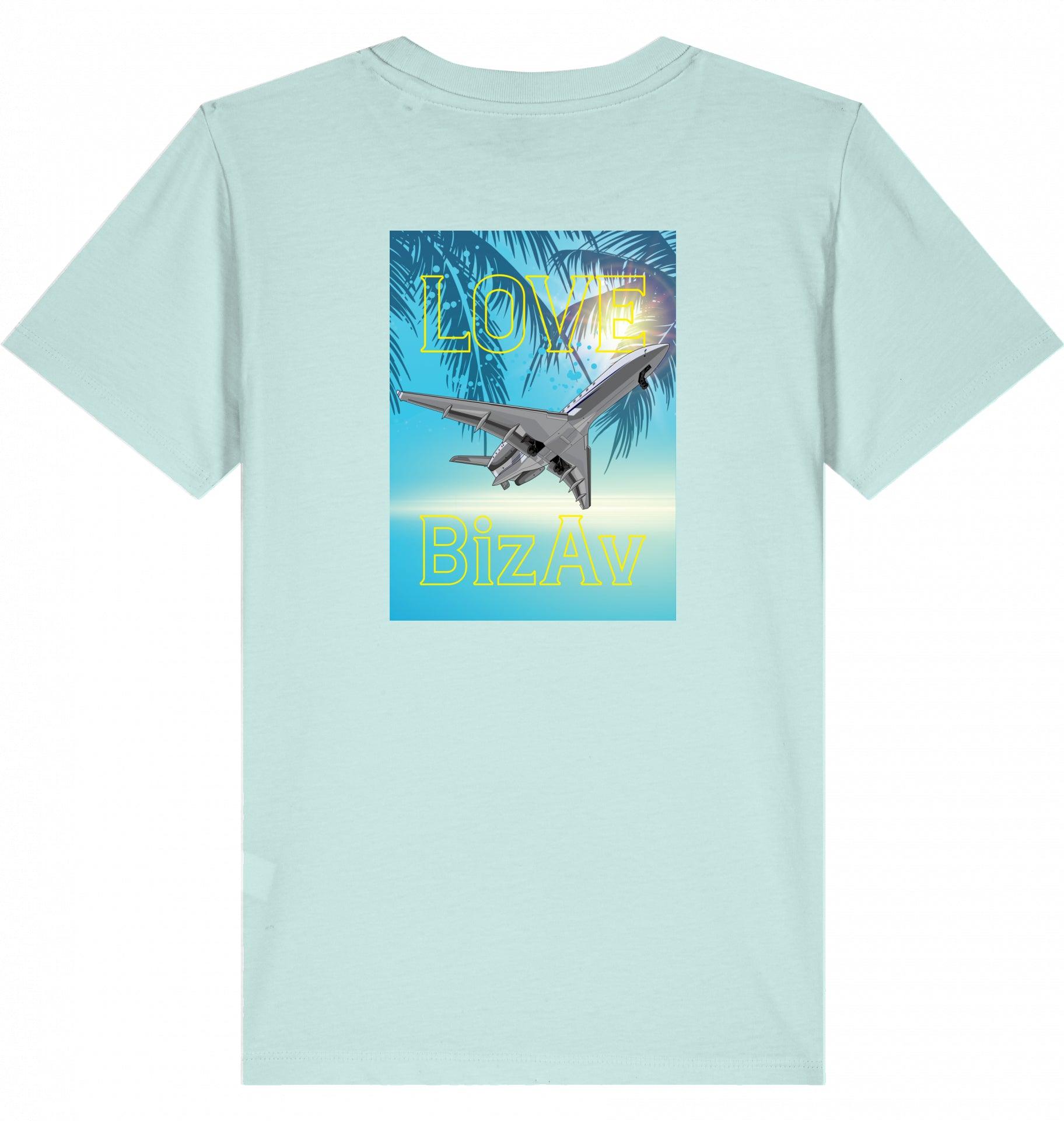 Aviation Kids Aviation T-Shirt "Love BizAv Business Aviation" 2.0 Caribbean Blue für Piloten, Crews, Kinder & Planespotter made by SUPERSONIC aero 4U