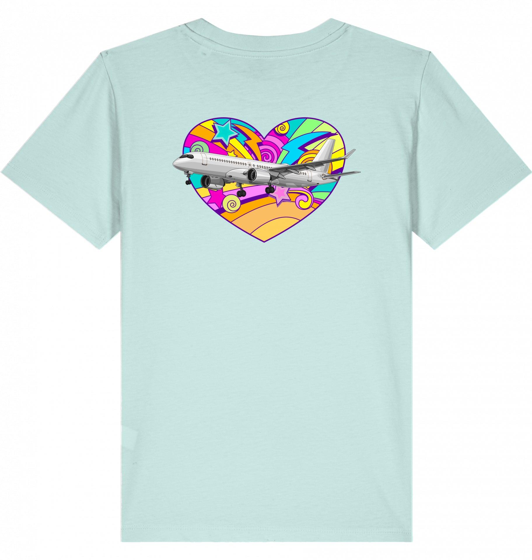 Aviation Kids Aviation T-Shirt Airbus A220 Flugzeug "Heart" 2.0 Caribbean Blue für Piloten, Crews, Kinder & Planespotter made by SUPERSONIC aero 4U