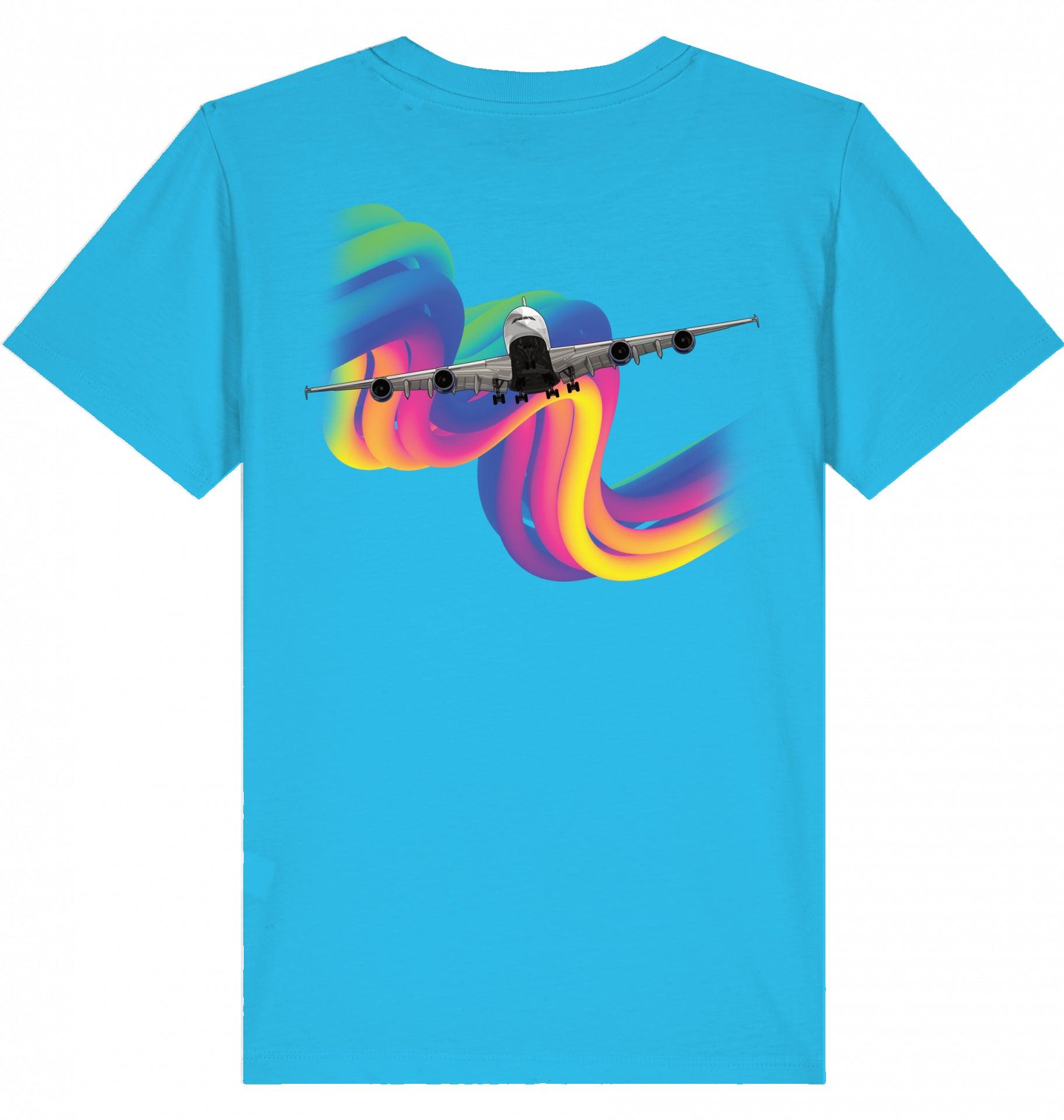 Aviation Kids Aviation T-Shirt Airbus A380 Flugzeug Rainbow 2.0 Aqua Blue für Piloten, Crews, Kinder & Planespotter made by SUPERSONIC aero 4U