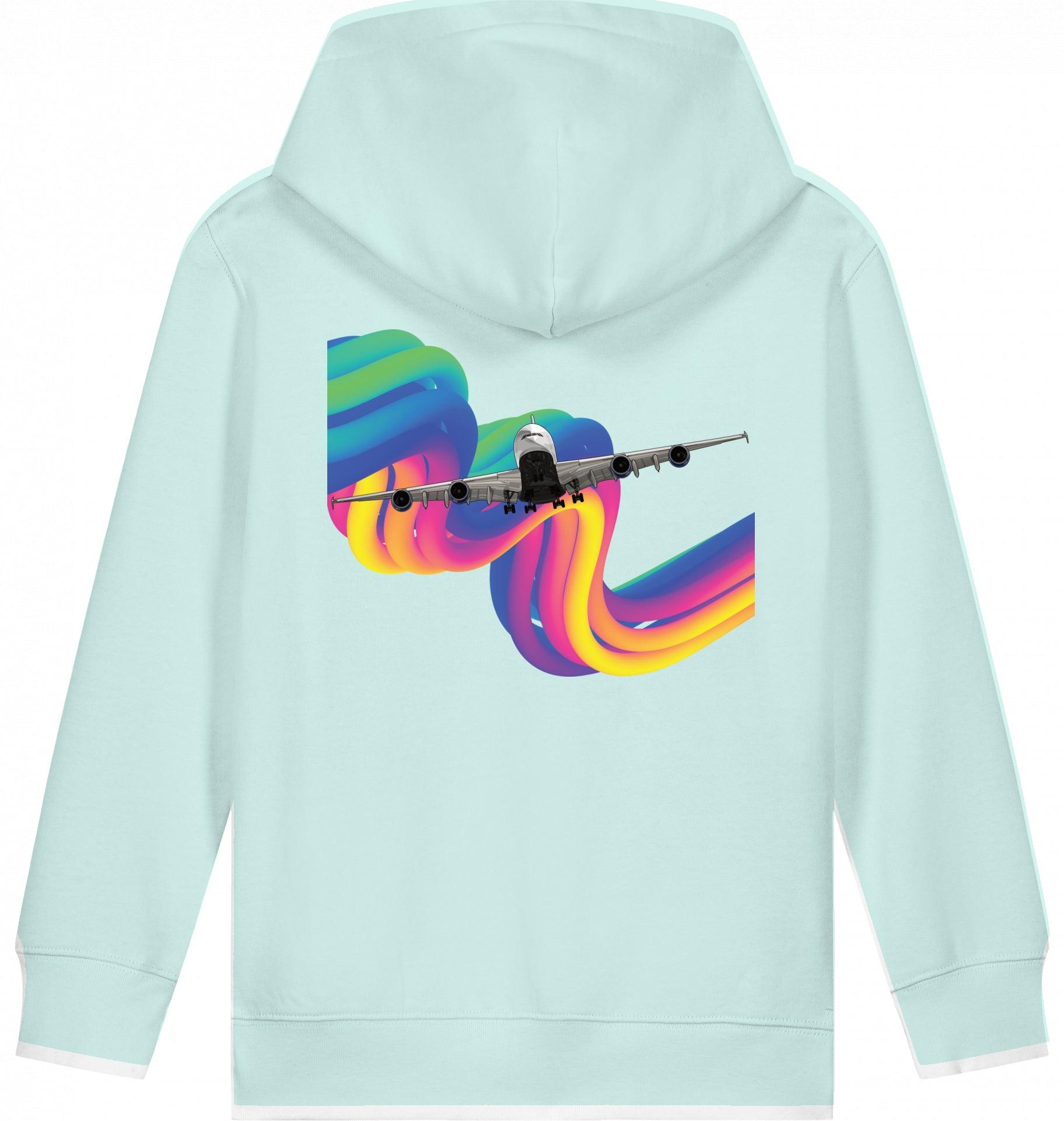 Aviation Kids Aviation Hoodie "Airbus A380 Flugzeug - Rainbow" Caribbean Blue für Piloten, Crews, Kinder & Planespotter made by SUPERSONIC aero 4U