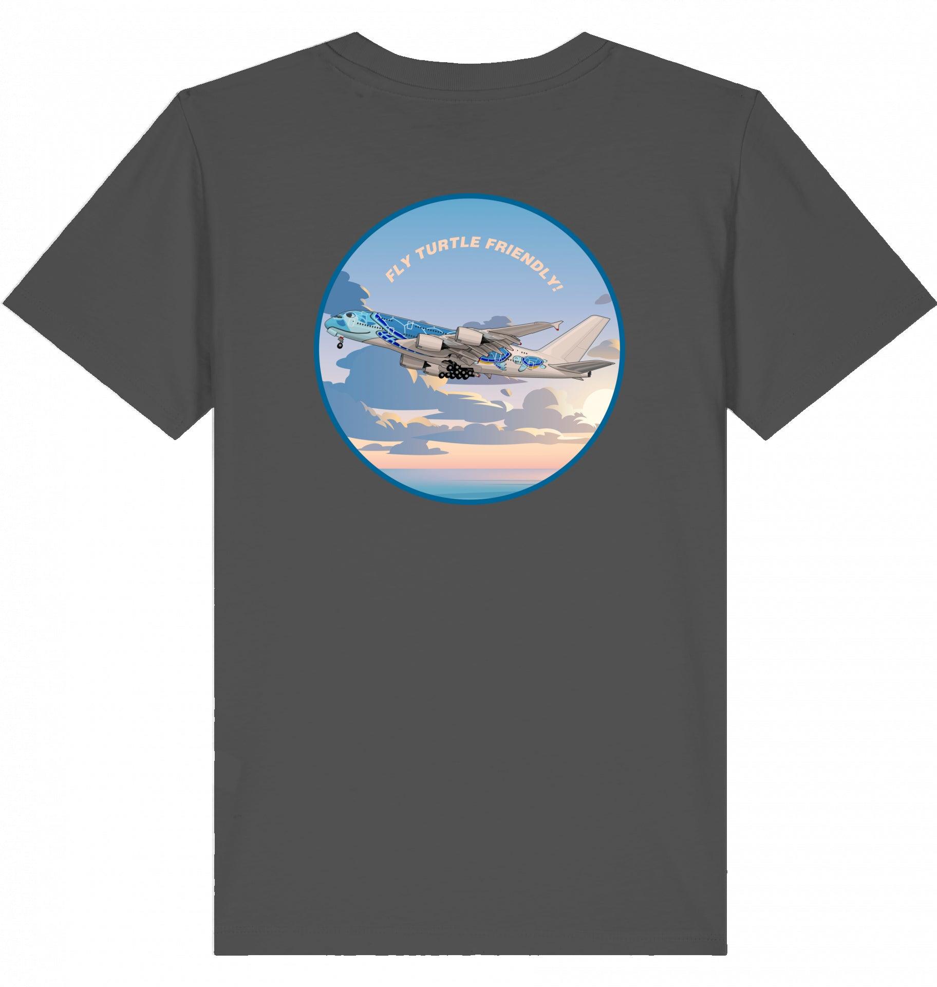 Aviation Kids Aviation T-Shirt Airbus A380 Flugzeug "Fly Turtle friendly" 2.0 Anthracite für Piloten, Crews, Kinder & Planespotter made by SUPERSONIC aero 4U