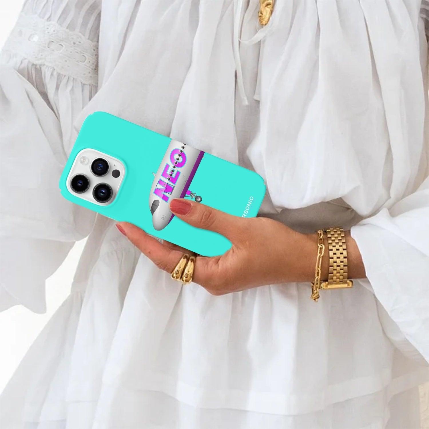 Aviation iPhone 14 Pro Case A320 Neo neon turquise für Piloten, Crews, Kinder & Planespotter made by SUPERSONIC aero 4U