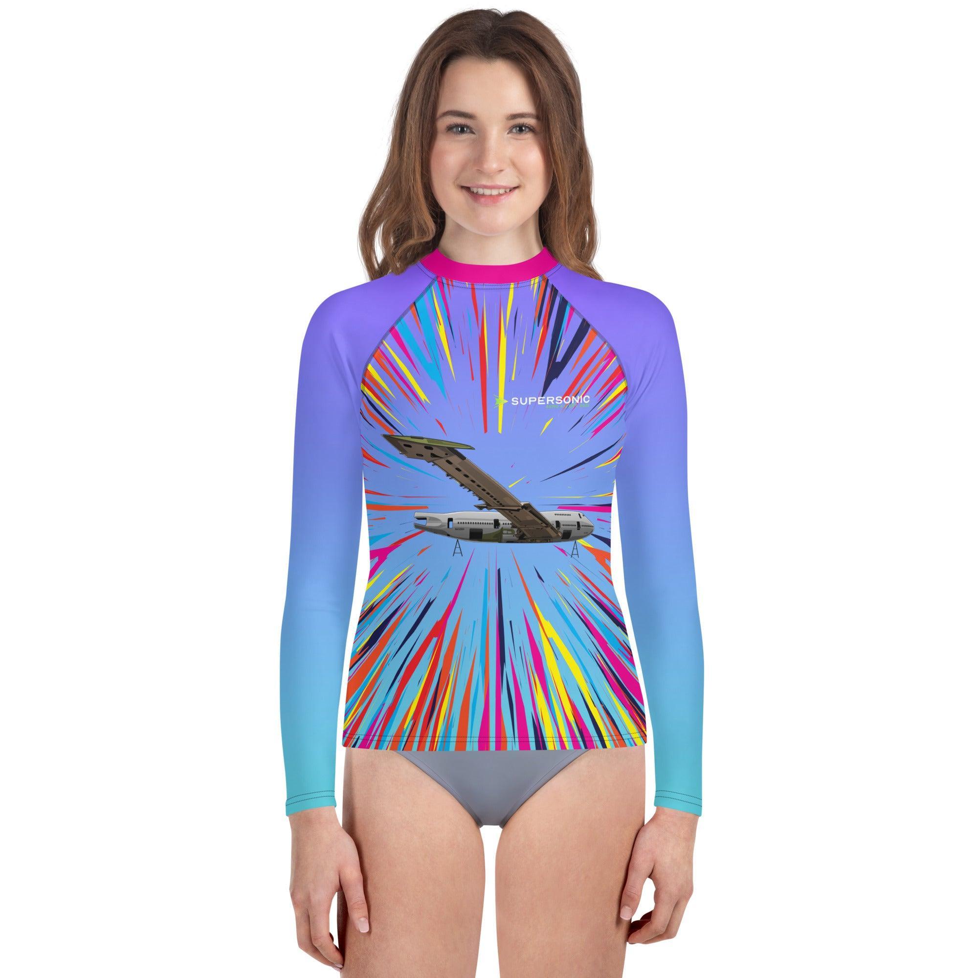 Lycra Swimmshirt Kinder, UV Shirt Kinder, Wassersport Shirt Kinder, Surf und Foil Shirt, Lycra Langarmshirt Kinder, Aviation Lycra Shirt, Flugeug Lycra Shirt, Supersonic Aero 4U, Sonnenschutz Kinder