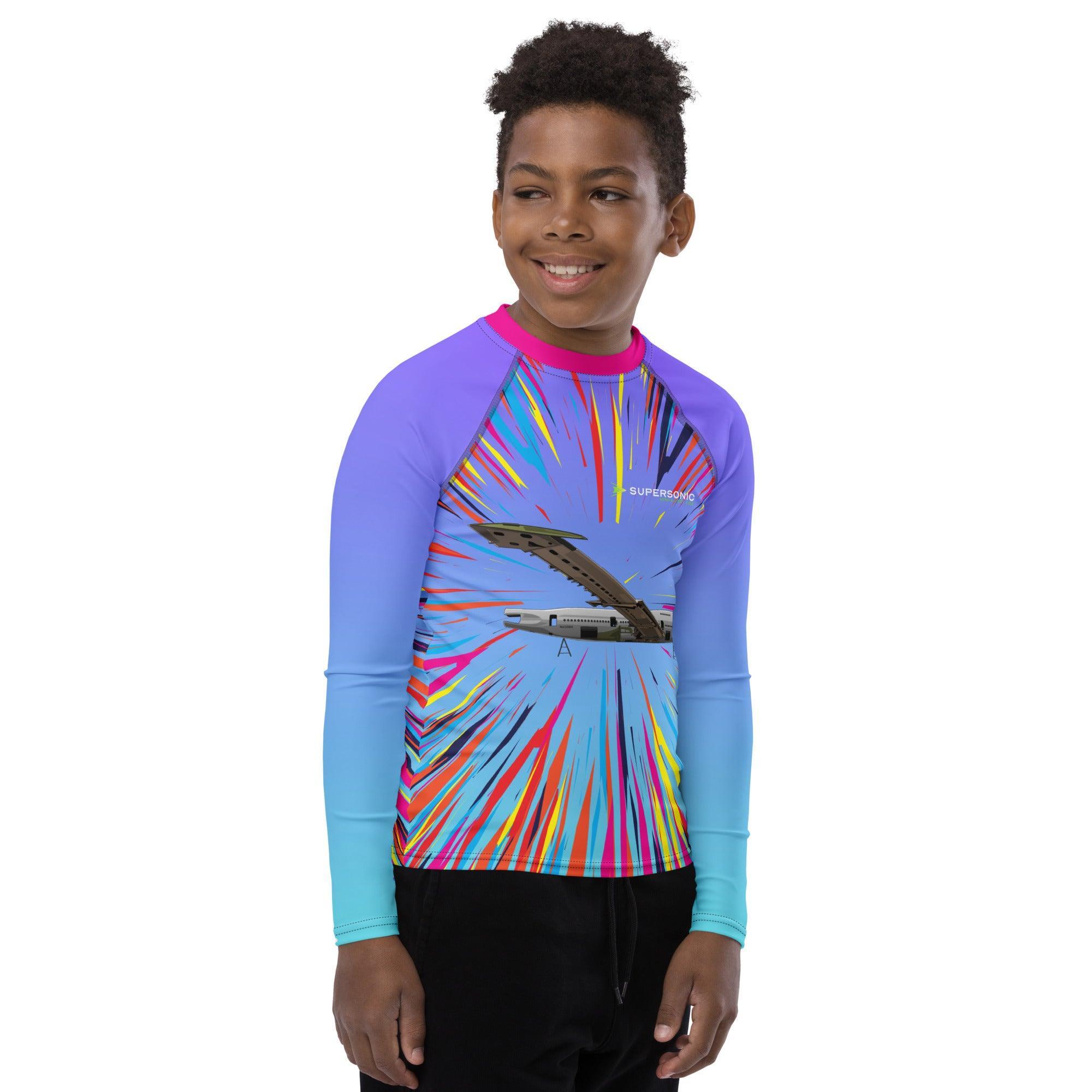 Lycra Swimmshirt Kinder, UV Shirt Kinder, Wassersport Shirt Kinder, Surf und Foil Shirt, Lycra Langarmshirt Kinder, Aviation Lycra Shirt, Flugeug Lycra Shirt, Supersonic Aero 4U, Sonnenschutz Kinder