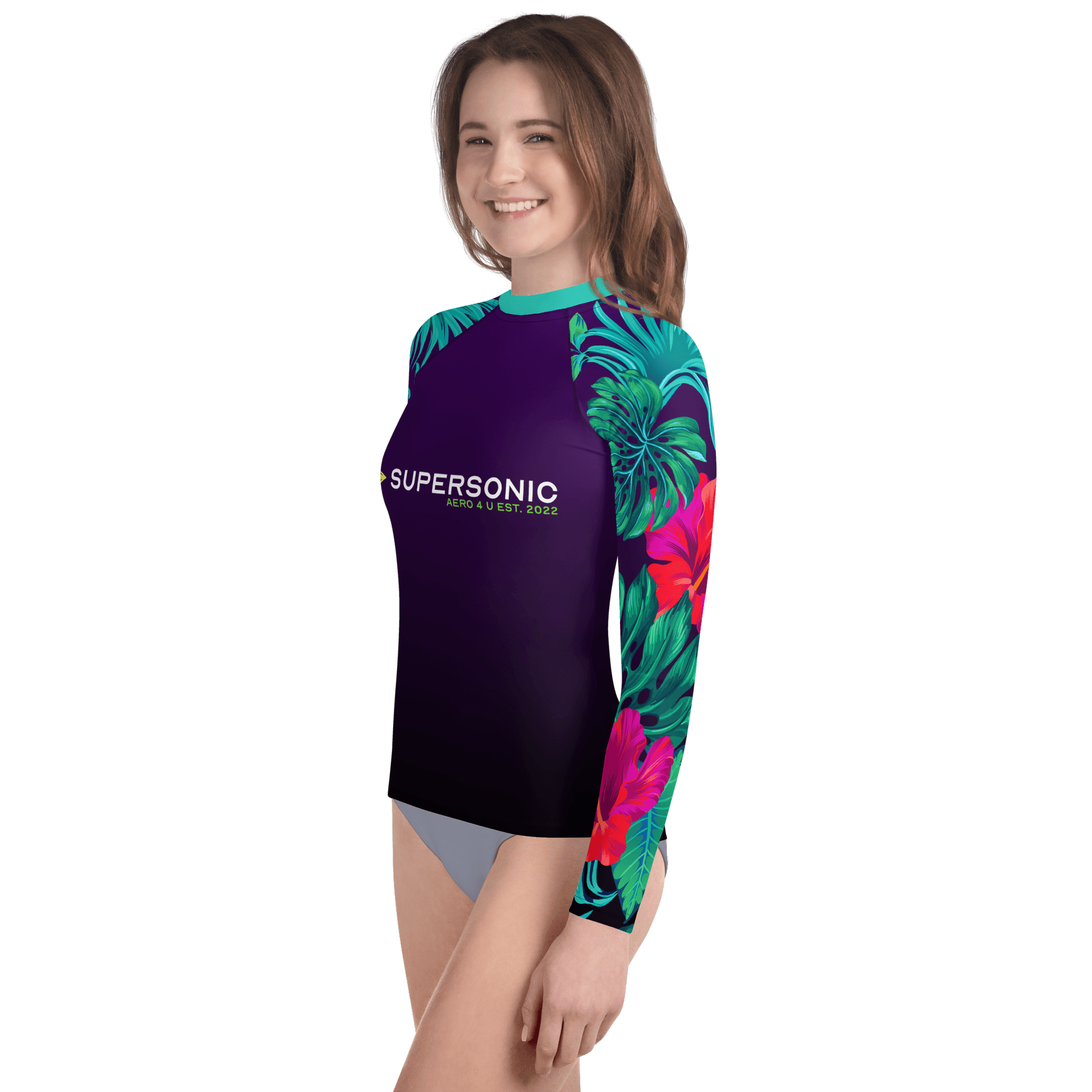 Aviation Schwimm- und Sonnenschutzshirt für Jugendliche UNISEX "Carribean Summer" AOP All Over Print für Piloten, Crews, Kinder & Planespotter made by SUPERSONIC aero 4U