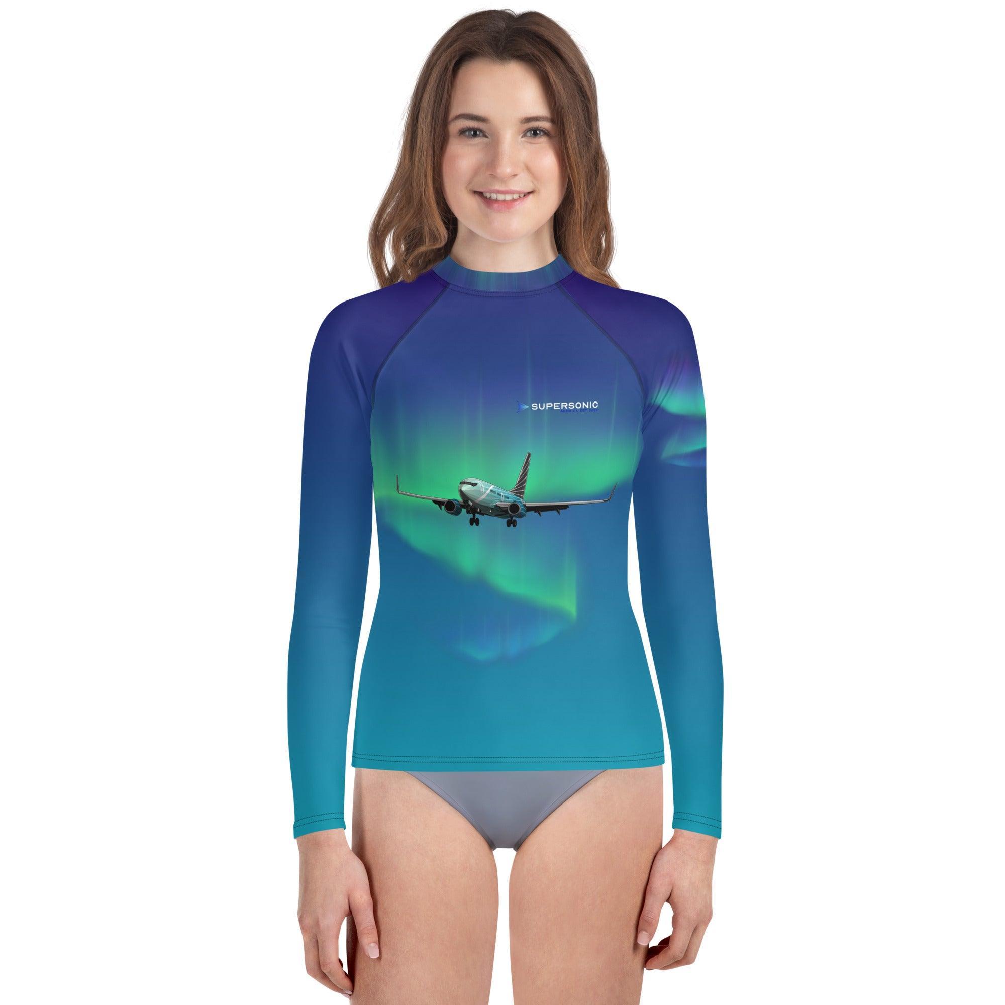 Aviation SCHWIMM- UND SONNENSCHUTZSHIRT FÜR JUGENDLICHE UNISEX "POLAR LIGHTS“ AOP ALL OVER PRINT 20 für Piloten, Crews, Kinder & Planespotter made by SUPERSONIC aero 4U