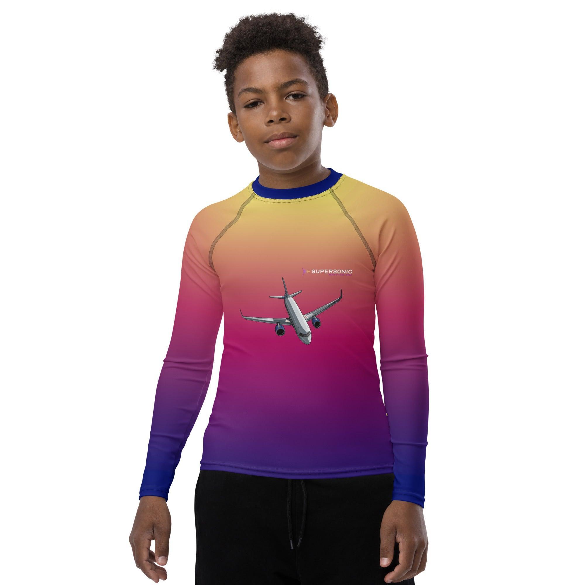 Aviation SCHWIMM- UND SONNENSCHUTZSHIRT FÜR JUGENDLICHE UNISEX "SUNSET AIRBUS A320neo" AOP ALL OVER PRINT für Piloten, Crews, Kinder & Planespotter made by SUPERSONIC aero 4U