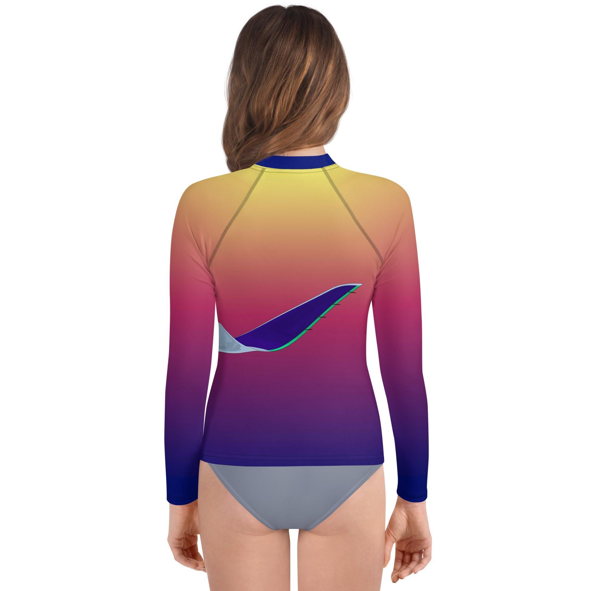 Aviation SCHWIMM- UND SONNENSCHUTZSHIRT FÜR JUGENDLICHE UNISEX "SUNSET AIRBUS A320neo" AOP ALL OVER PRINT für Piloten, Crews, Kinder & Planespotter made by SUPERSONIC aero 4U