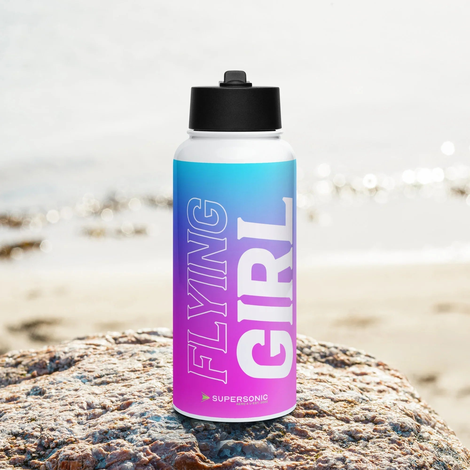 Aviation Edelstahl Trinkflasche mit Strohhalm "Flying Girl" für Piloten, Crews, Kinder & Planespotter made by SUPERSONIC aero 4U