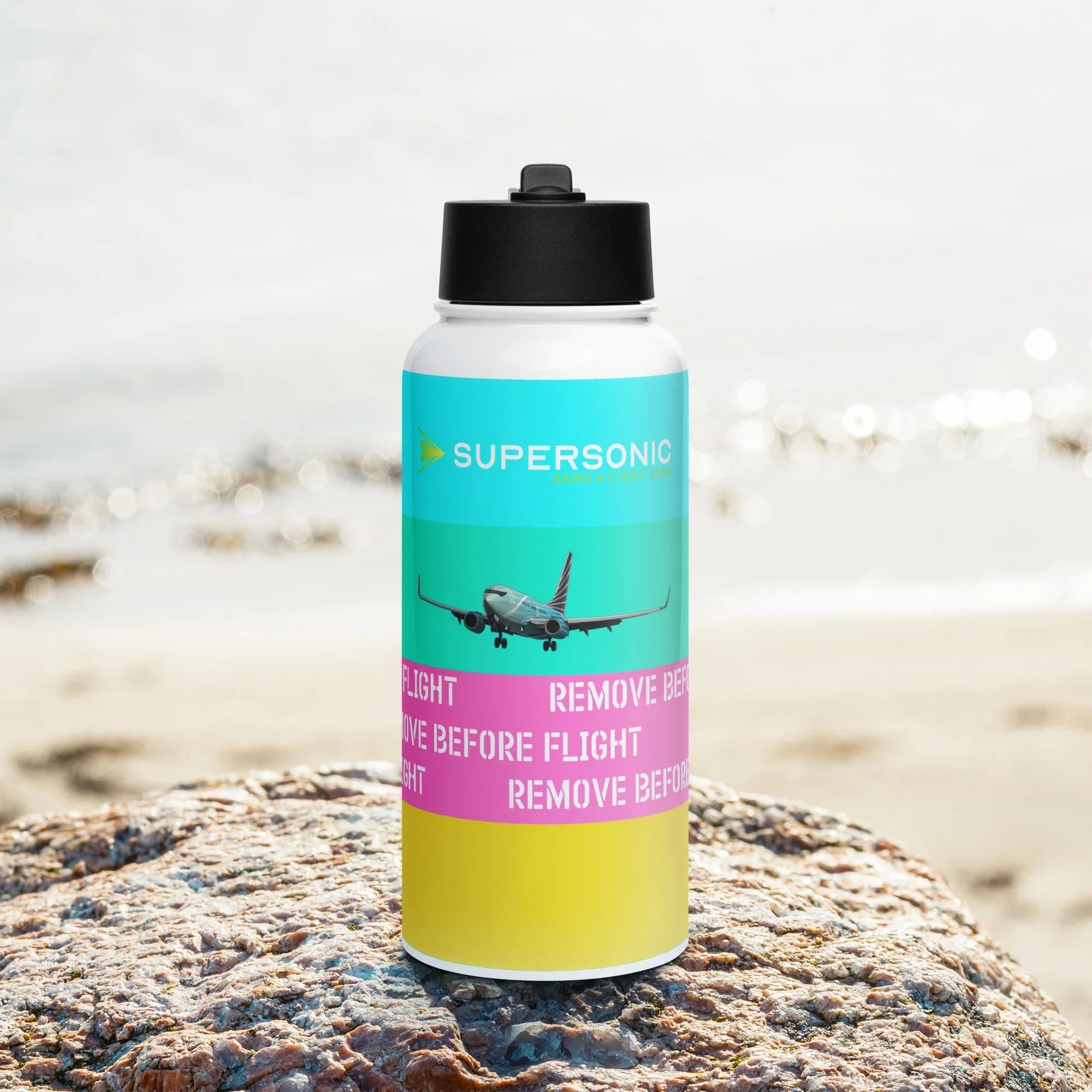 Aviation Edelstahl Trinkflasche mit Strohhalm "Remove before Flight" für Piloten, Crews, Kinder & Planespotter made by SUPERSONIC aero 4U