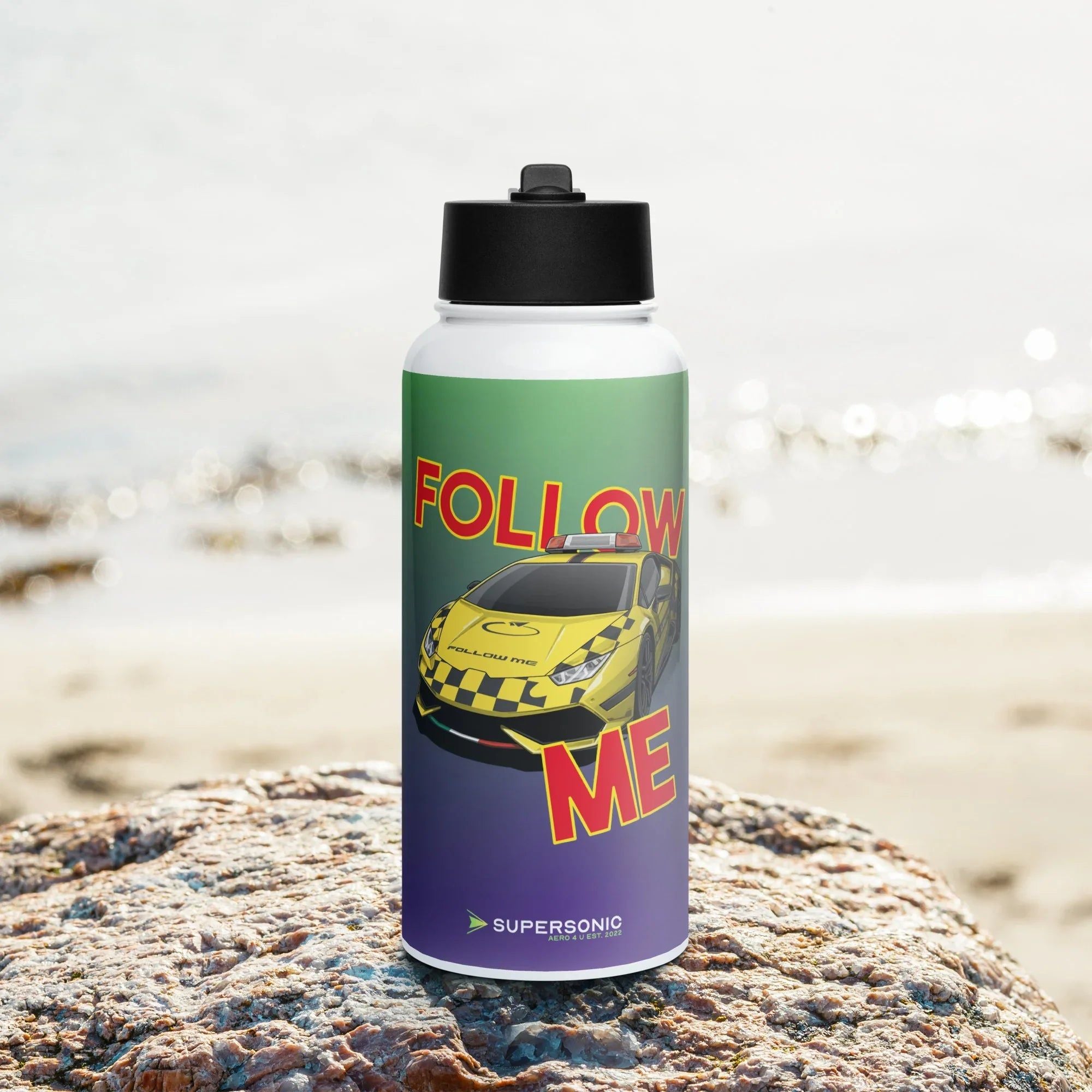 Aviation Edelstahl Trinkflasche mit Strohhalm "Follow Me - Supercar" für Piloten, Crews, Kinder & Planespotter made by SUPERSONIC aero 4U